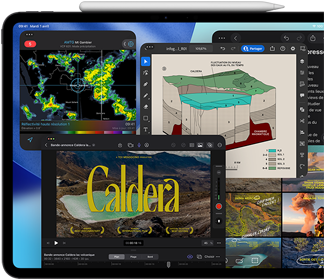 iPad Pro, face avant, orientation paysage, noir sidéral, Apple Pencil posé sur l’appareil, écran affichant plusieurs fenêtres d’apps en mosaïque, dont Final Cut Pro avec plusieurs fonctionnalités de montage vidéo et une timeline, Plans, Notes et différents plans multimédias
