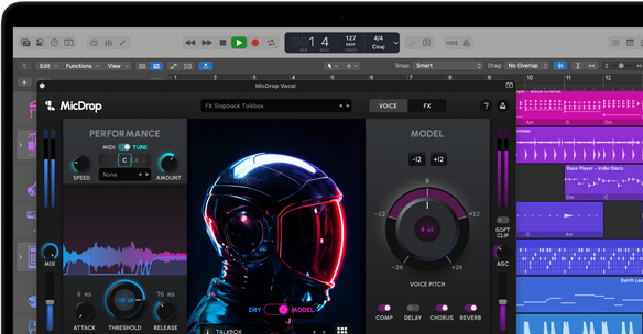 Contenu d’écran montrant le logiciel MicDrop utilisant des fonctionnalités d’IA pour monter un enregistrement vocal sur un MacBook Pro