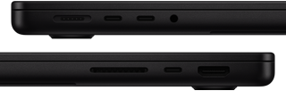 Vue rapprochée des ports d’un MacBook Pro – côté gauche : MagSafe 3, deux ports Thunderbolt et prise casque – côté droit : lecteur de carte SDXC, port Thunderbolt et port HDMI