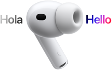 AirPods Pro 3, écouteur avec embout en silicone, Traduction en direct remplace le texte en espagnol « hola » par le texte en anglais « hello »